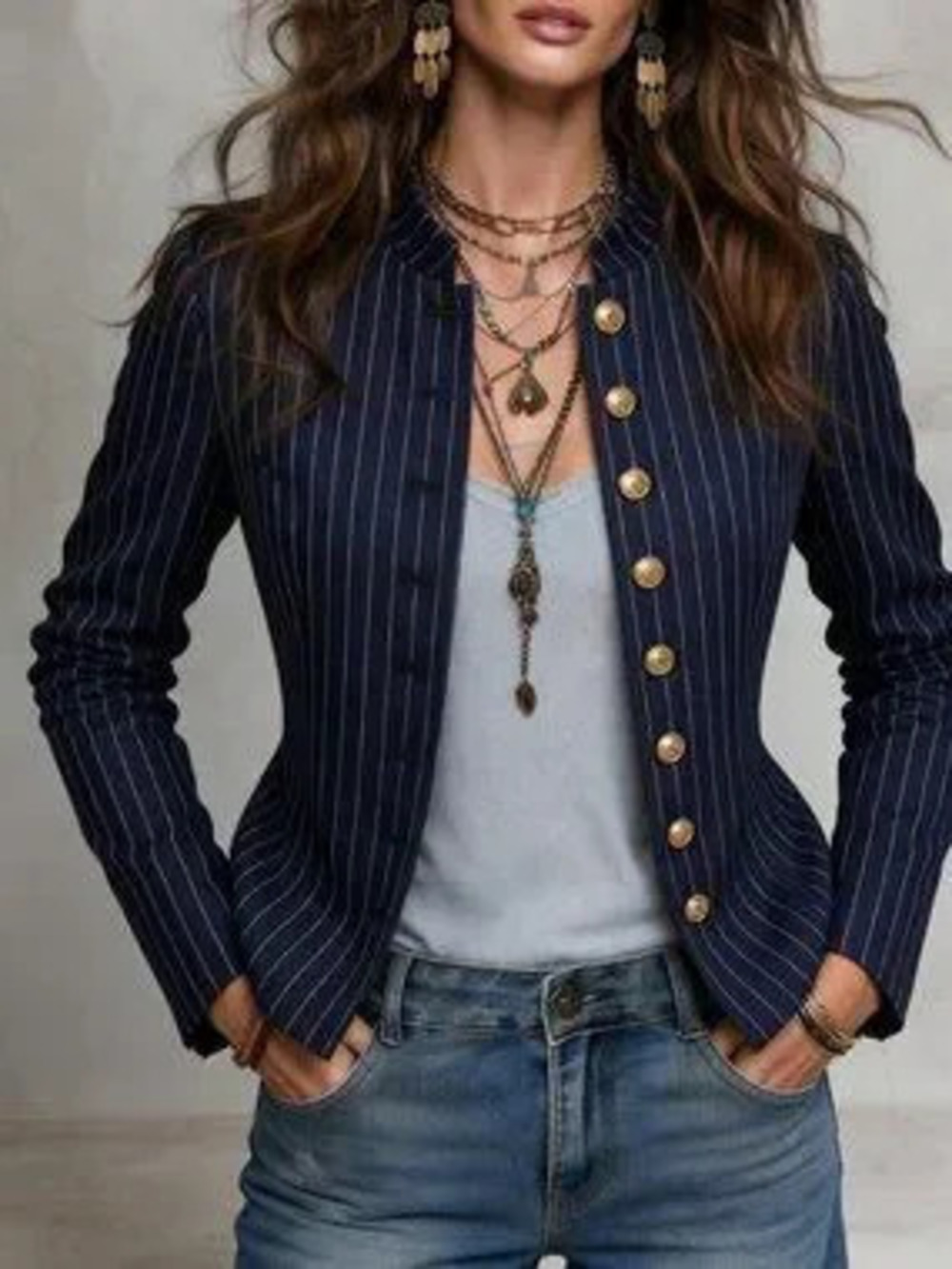 ZARA Navy Blue Casual Women's Striped Single Breasted Regular Fit Jacket